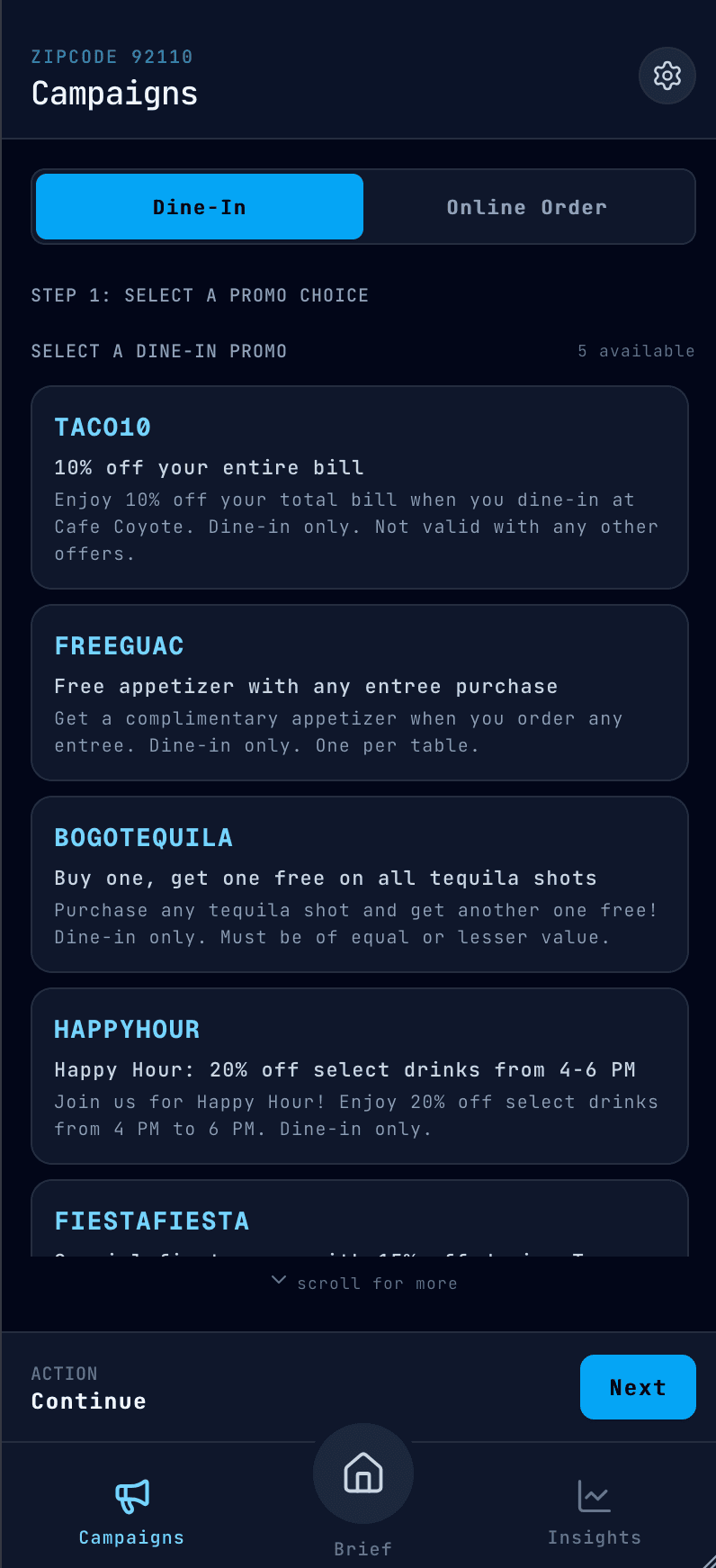 Campaigns screen for selecting a dine-in promo offer
