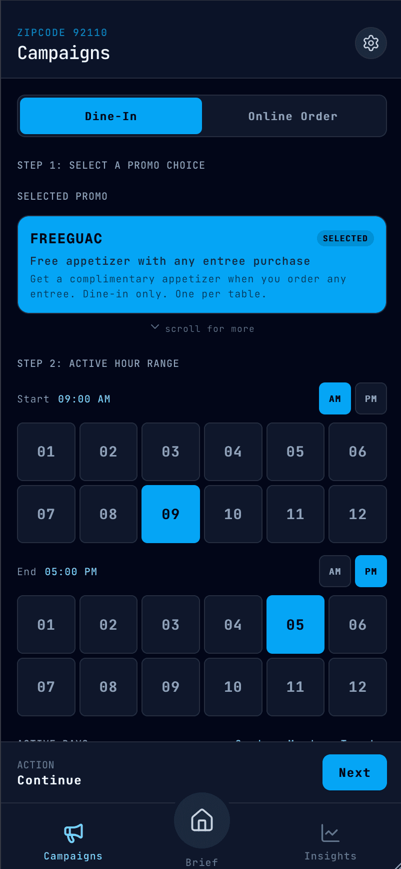 Campaigns screen for setting active hour range on an offer